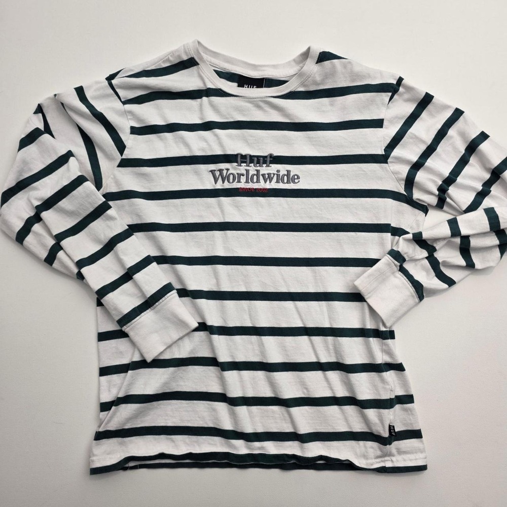 HUF Worldwide Mens Striped Long Sleeve Embroidered Tee Shirt Forest Green Medium